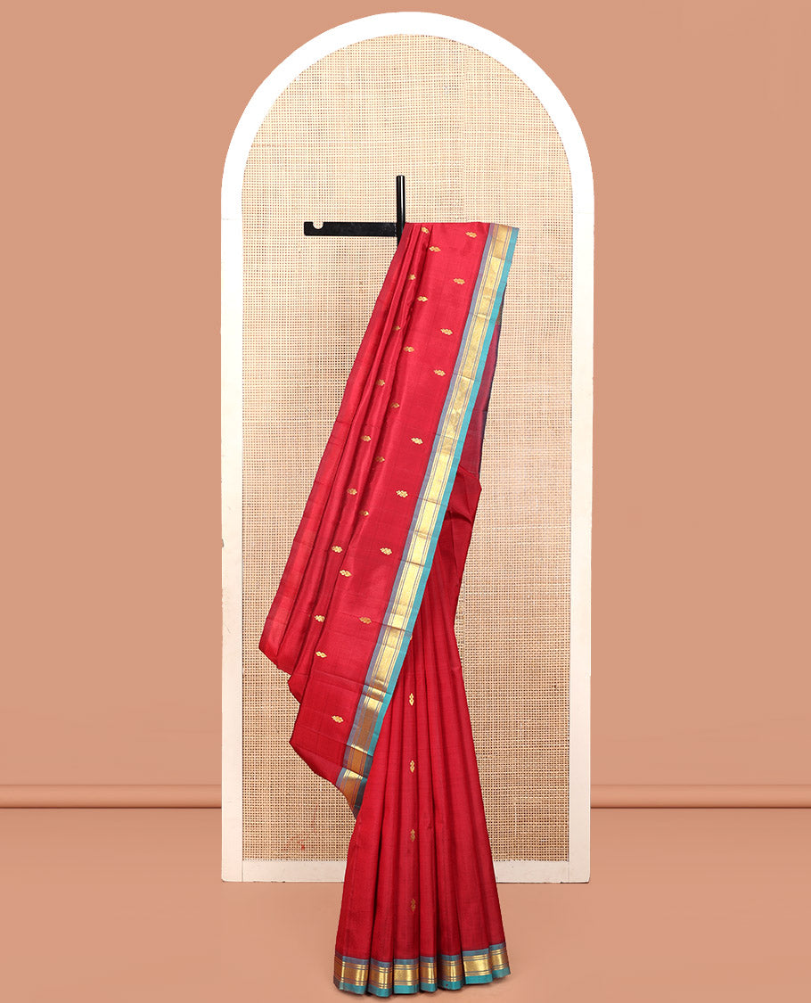 Red Kanchipuram Silk Saree, Woven with Zari Buttas, a Contrast One-Sided Border of Jaal Designs, a Zari-Design Pallu, and No Blouse