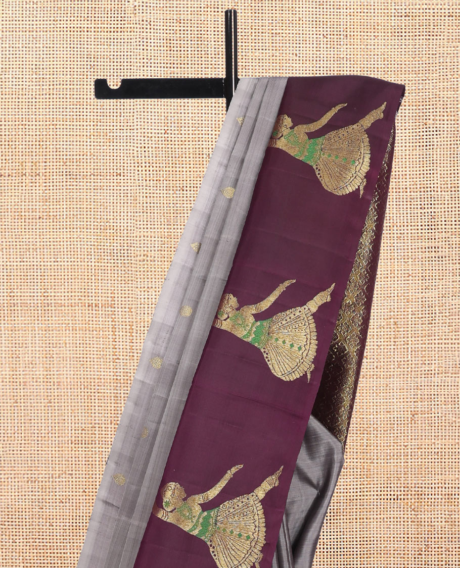 Grey Kanchipuram Silk Saree, Adorned with Zari Buttas, Complemented by a Contrast Bharatanatyam Dancer Figurines Woven Border, Jaal Pallu, and Contrast Blouse