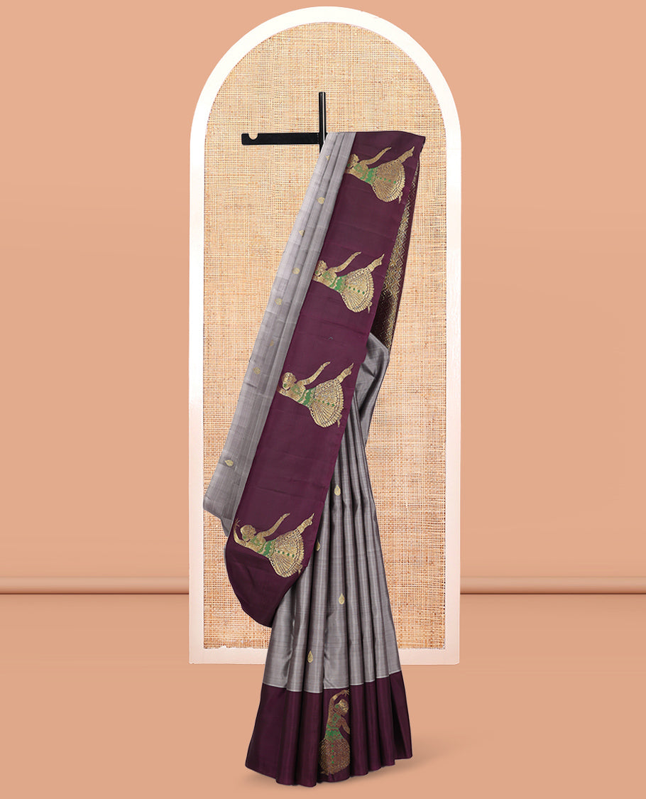 Grey Kanchipuram Silk Saree, Adorned with Zari Buttas, Complemented by a Contrast Bharatanatyam Dancer Figurines Woven Border, Jaal Pallu, and Contrast Blouse