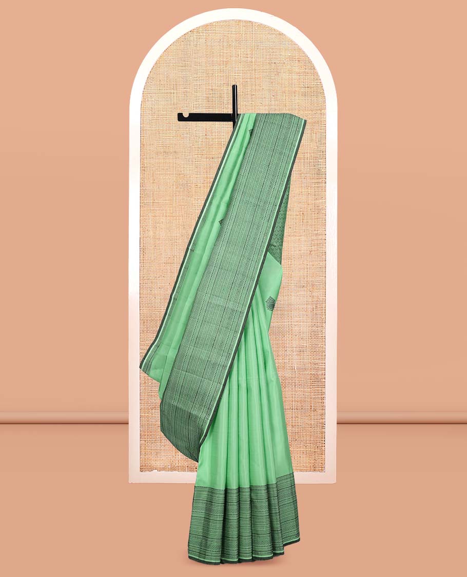 Pista Green Kanchipuram Silk Saree, Woven with Thread Buttas, a Self-Border of Manga, Ara Maadam, Kathir, Mayil Kann, Jaal Pallu, and a Matching Blouse