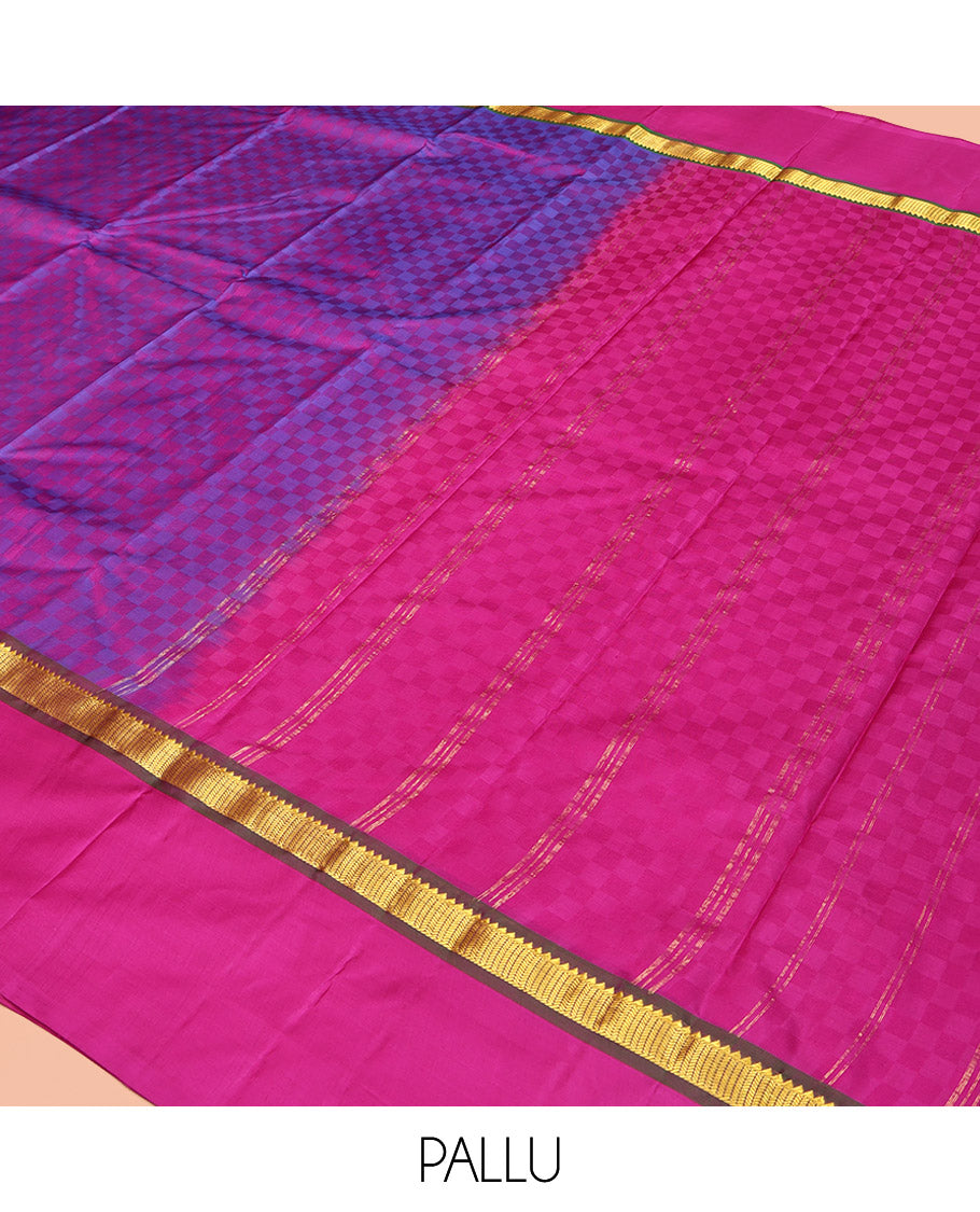 Blue-Pink Kanchipuram Silk Saree, Sparsely Woven with Paiyaadi Kattam on Its Body, Complemented by Contrast Kal Eragina Border of Rekku, and Vanki Designs, Zari-Striped Pallu, and Paired with a Contrast Blouse