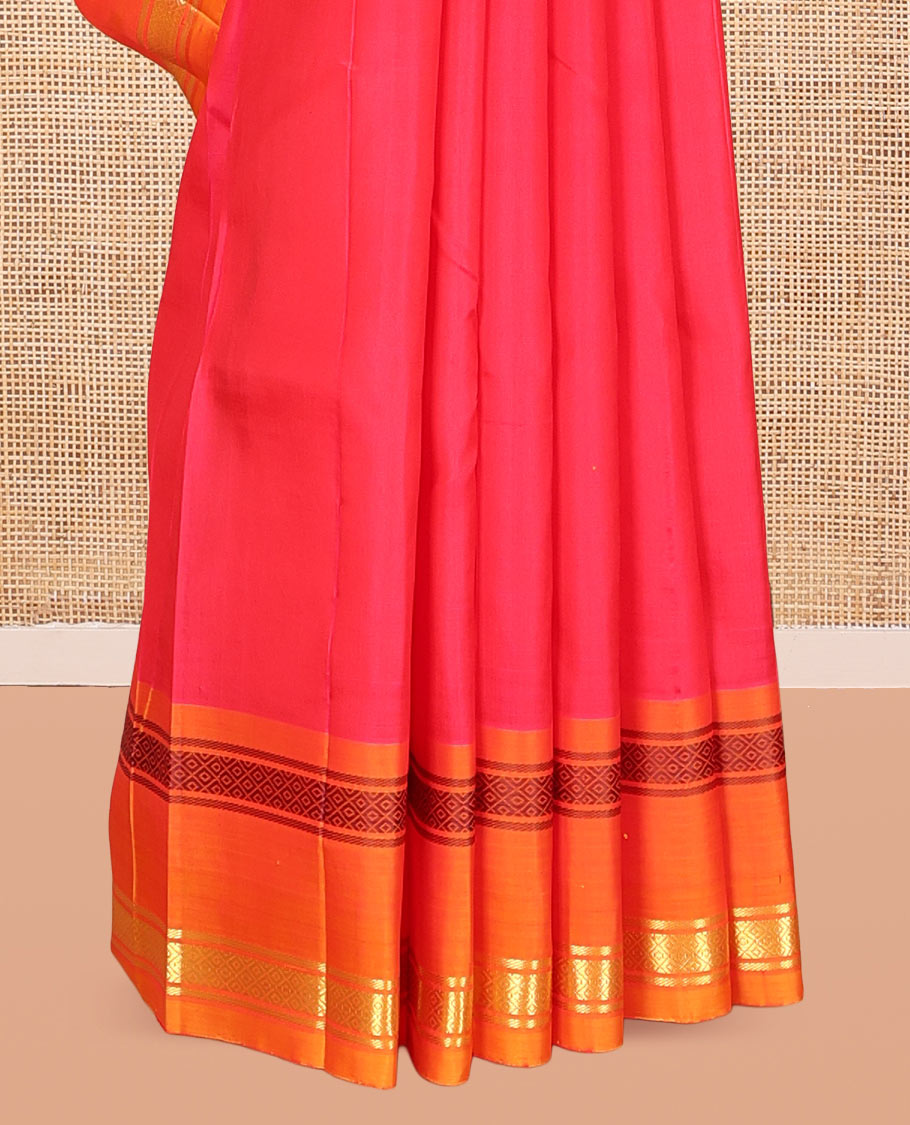 Red Kanchipuram Silk Saree, Complemented by a Contrast One-Sided Rettai Pettu Border of Banaras, and Mayil Kann Designs, Zari Woven Pallu, and a No Blouse