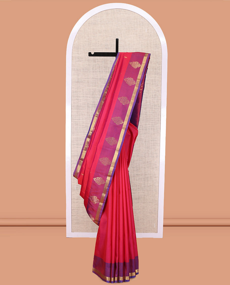 Pink Kanchipuram Silk Saree, Adorned with Buttas, Complemented by a Contrast Zari Striped Border, Pallu of Zari Design, and Contrast Blouse