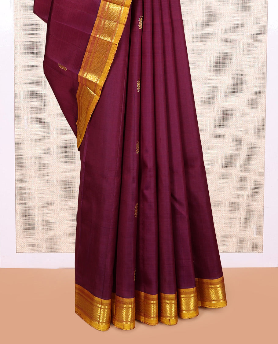 Maroon Kanchipuram Silk Saree, Woven with Zari Buttas, a Contrast One-sided Border of Banaras, and Mayil Kann Design, Zari Woven Pallu, and No Blouse