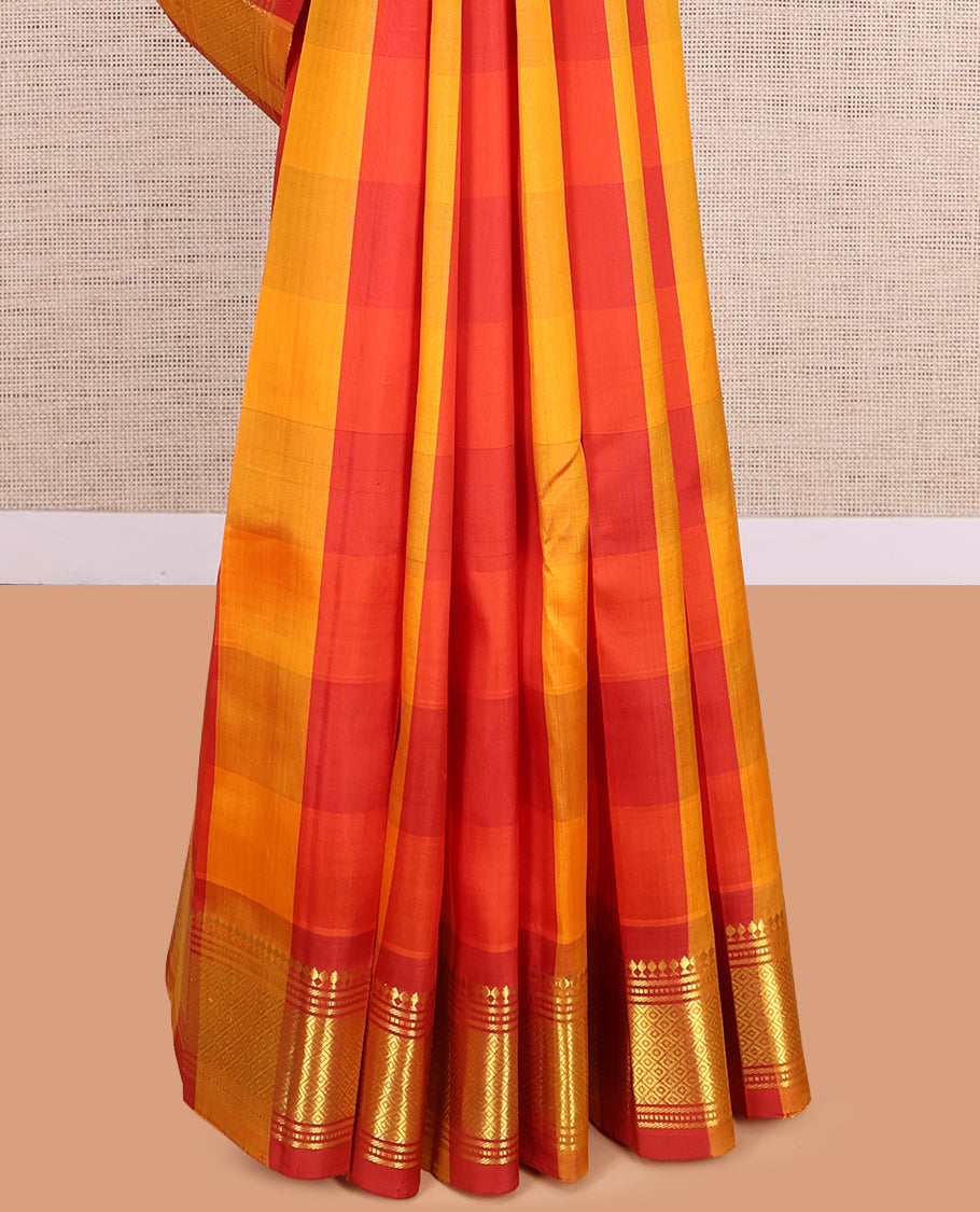 Red-Orange Kanchipuram Silk Saree, Graced with Checks, a Zari One-Sided Border of Panneer Sombu, Banaras, Muthu, and Mayil Kann Design, Zari Design Pallu, and No Blouse
