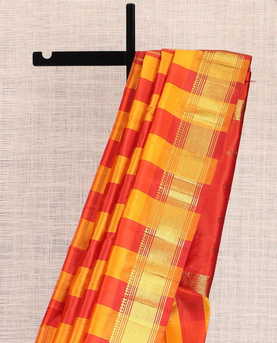 Red-Orange Kanchipuram Silk Saree, Graced with Checks, a Zari One-Sided Border of Panneer Sombu, Banaras, Muthu, and Mayil Kann Design, Zari Design Pallu, and No Blouse