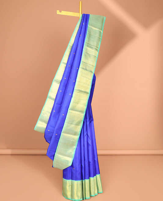 Blue buttas kancheepuram silk saree with contrast korvai intricate zari design & striped zari design pallu