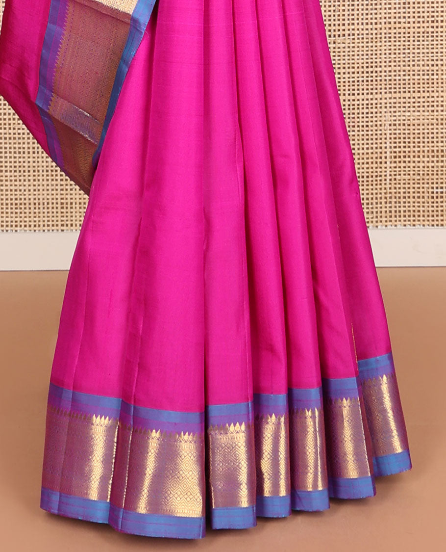 Pink floral buttas kancheepuram silk saree with contrast border of intricate zari design & floral zari design pallu