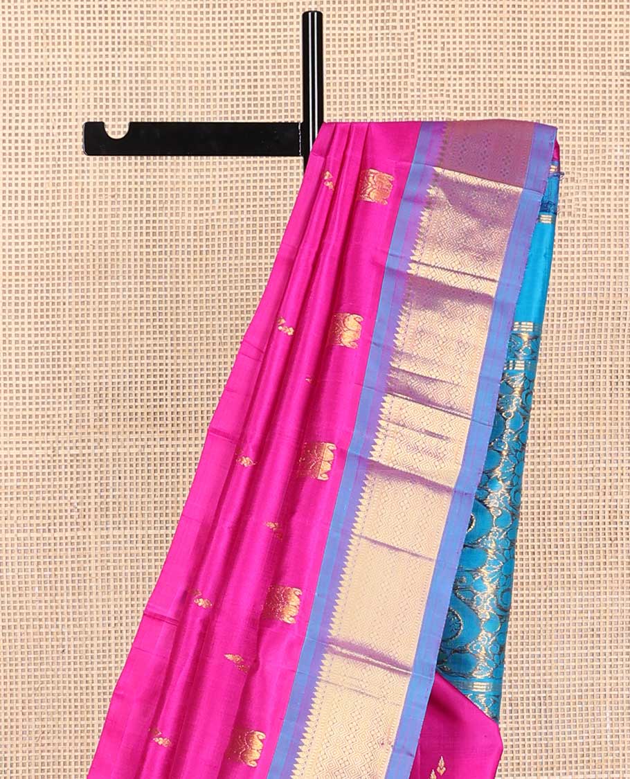 Pink floral buttas kancheepuram silk saree with contrast border of intricate zari design & floral zari design pallu