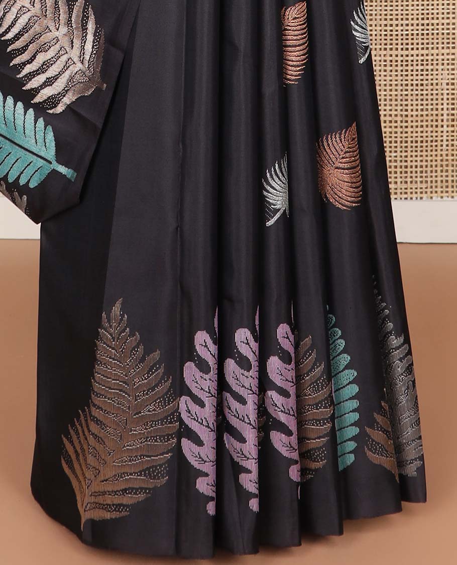 Black leaf buttas kancheepuram silk saree with self border of leaf design & floral design pallu