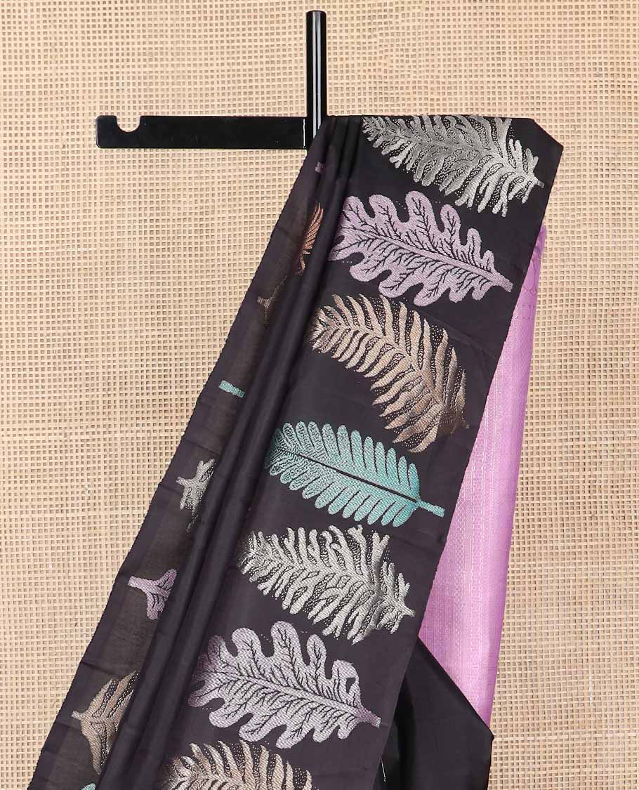 Black leaf buttas kancheepuram silk saree with self border of leaf design & floral design pallu