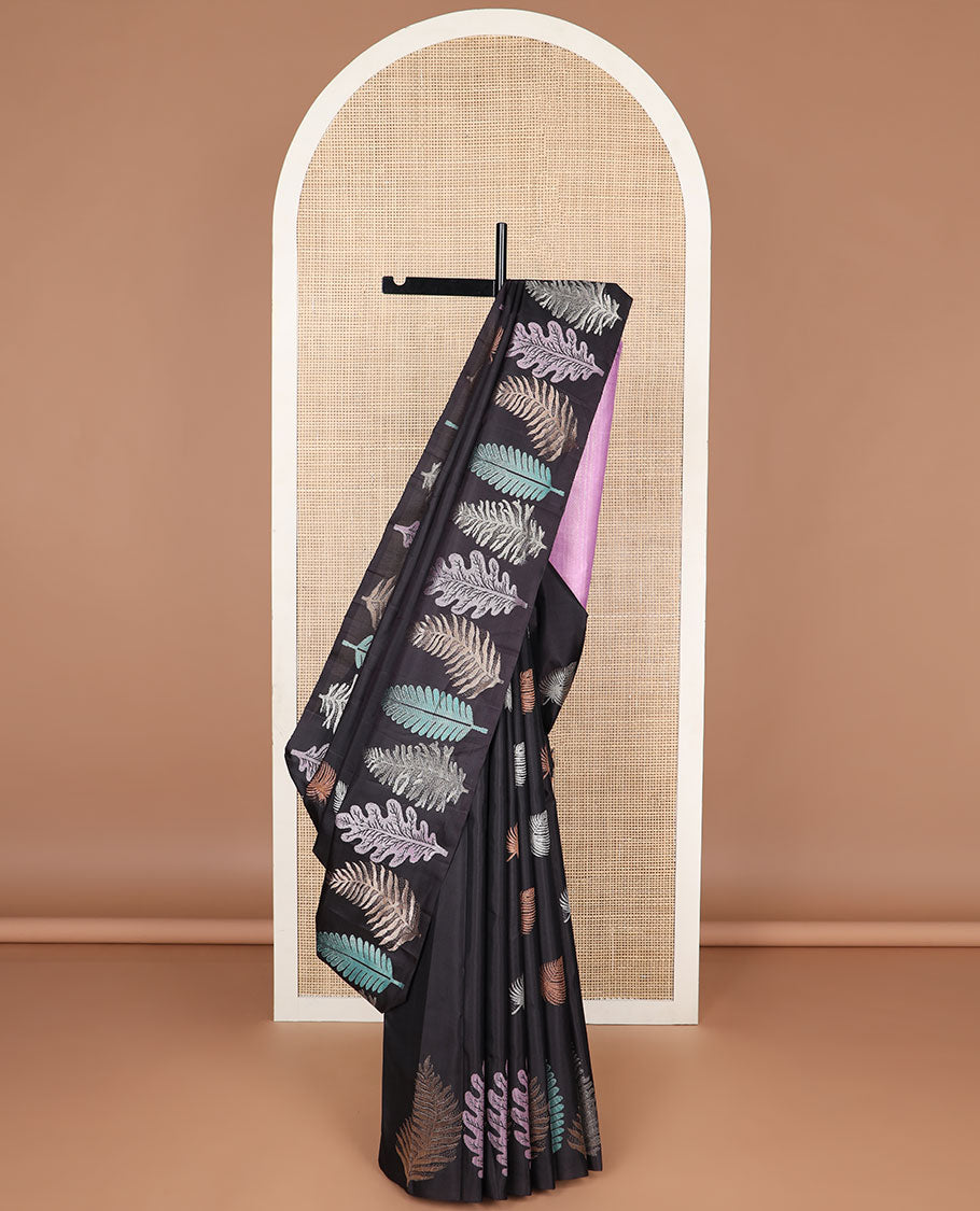 Black leaf buttas kancheepuram silk saree with self border of leaf design & floral design pallu