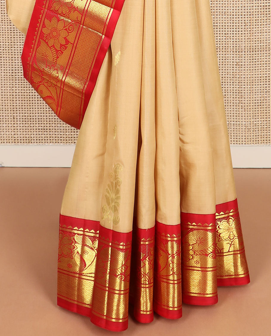 Sandal zari buttas Kanchipuram silk saree, contrast one-sided korvai border of rekku,banaras & mayil kann & floral-paisley pallu