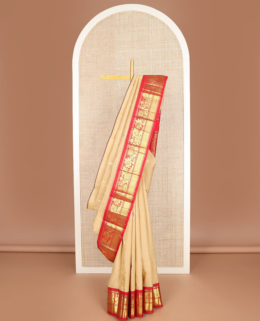 Sandal zari buttas Kanchipuram silk saree, contrast one-sided korvai border of rekku,banaras & mayil kann & floral-paisley pallu