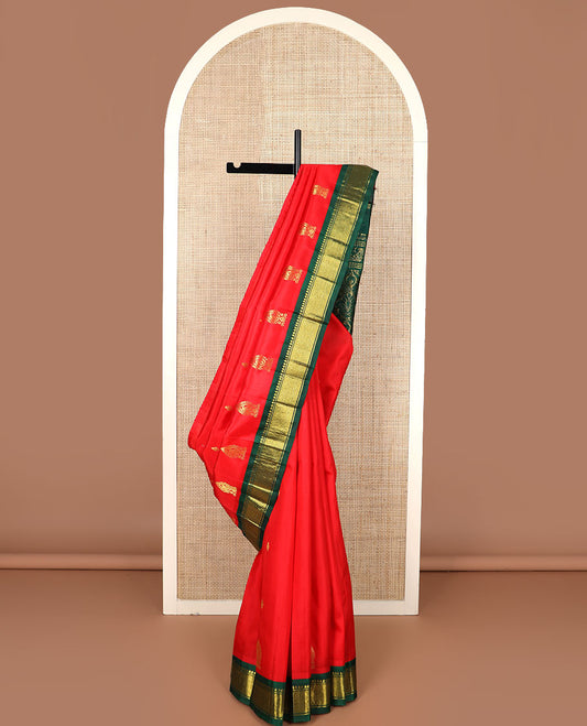 Red zari buttas Kanchipuram silk saree, contrast korvai border of rekku, banaras & jaal & intricately designed pallu