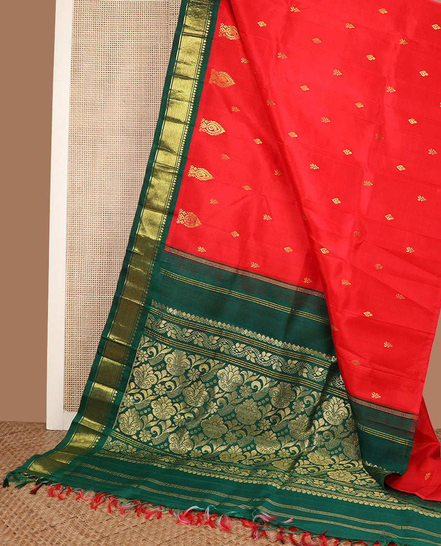 Red zari buttas Kanchipuram silk saree, contrast korvai border of rekku, banaras & jaal & intricately designed pallu