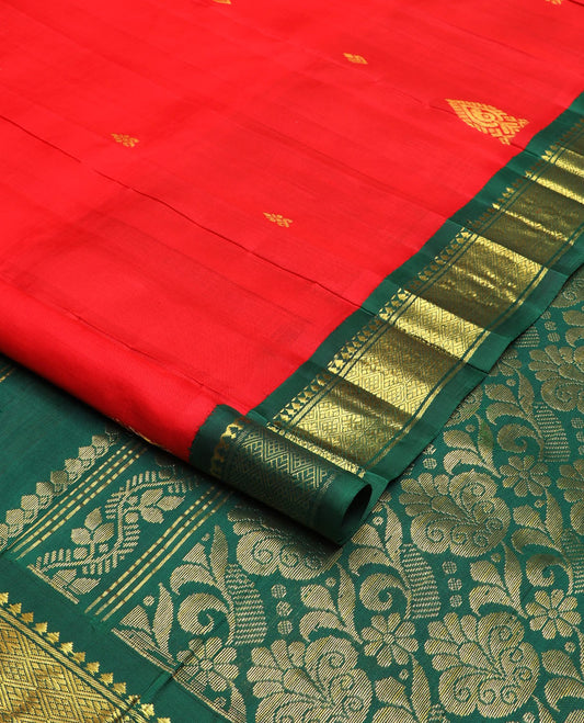 Red zari buttas Kanchipuram silk saree, contrast korvai border of rekku, banaras & jaal & intricately designed pallu