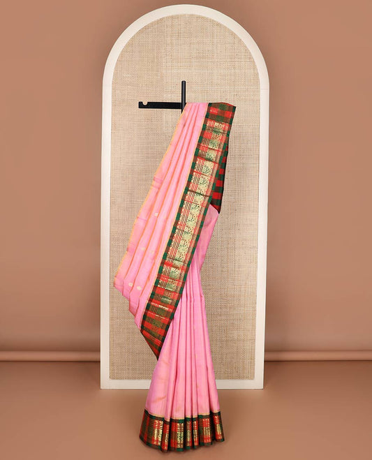 Pink zari buttas silk saree, contrast checked korvai one-sided traditional zari border & checked pallu of chakram motifs