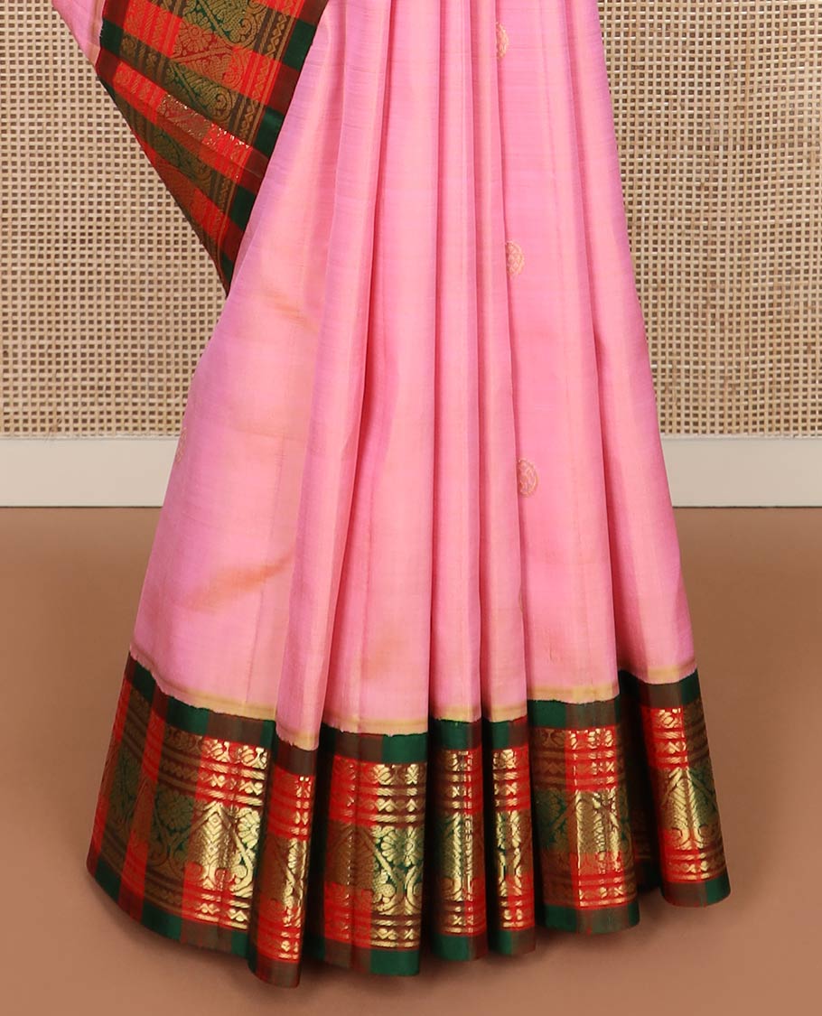 Pink zari buttas silk saree, contrast checked korvai one-sided traditional zari border & checked pallu of chakram motifs