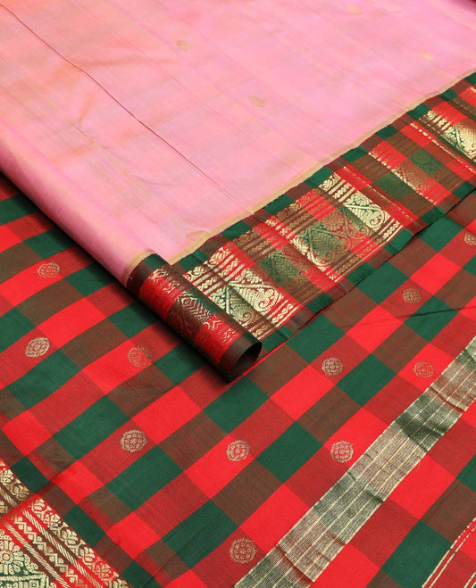 Pink zari buttas silk saree, contrast checked korvai one-sided traditional zari border & checked pallu of chakram motifs