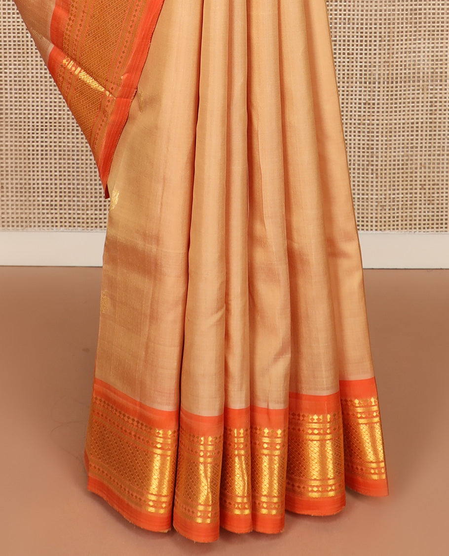 Sandal zari buttas Kanchipuram silk saree, contrast one-sided border of paneer sombu, banaras, and diamond design, and zari design pallu