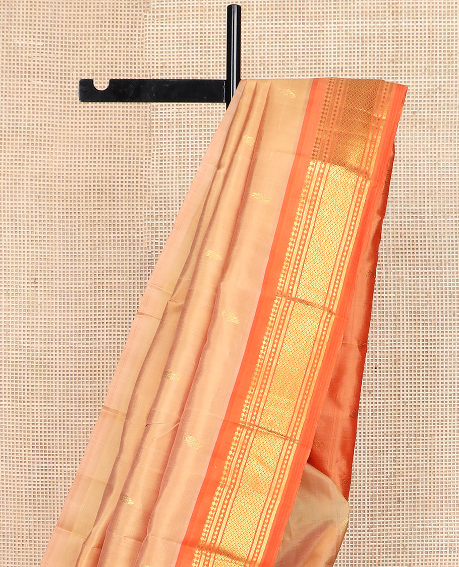 Sandal zari buttas Kanchipuram silk saree, contrast one-sided border of paneer sombu, banaras, and diamond design, and zari design pallu
