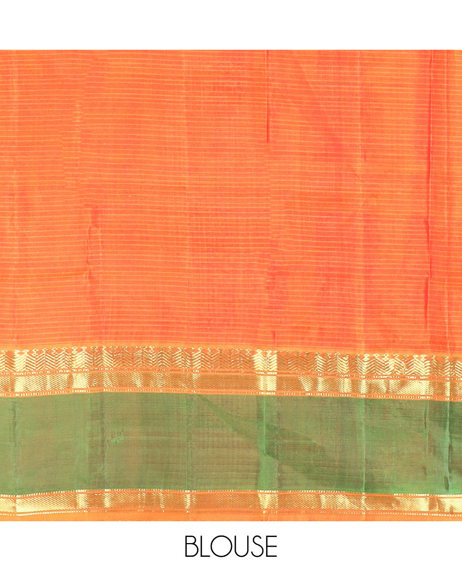 Pink striped Kanchipuram silk saree, contrast ganga jamuna border of diamond, vanki, banaras, and muthu designs, and striped pallu
