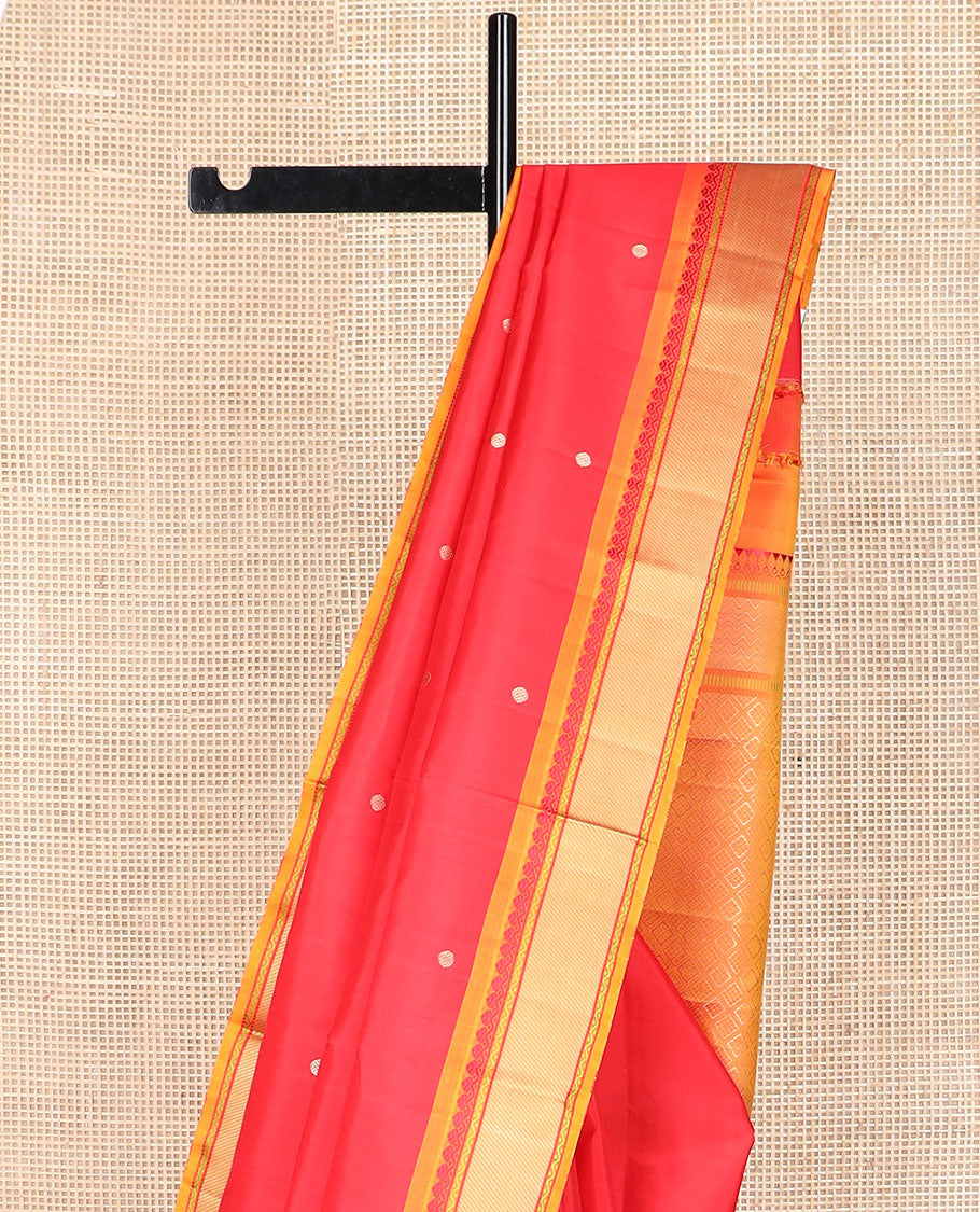 Red rudraksham buttas Kanchipuram silk saree, contrast border of thilakam mokku, neli, and stripes, and jaal pallu
