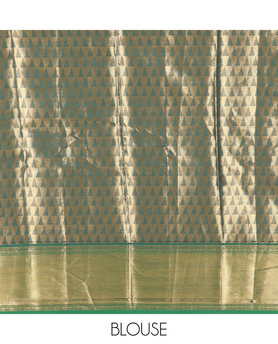 Multi-color ikkat jaal patterned Kanchipuram tissue silk saree, contrast traditional zari border, and pallu of ikkat ogee patterns