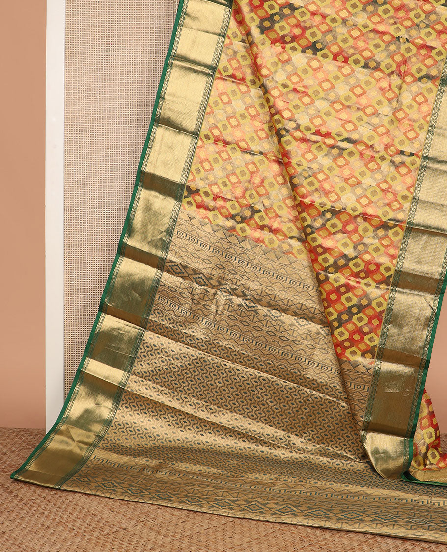 Multi-color ikkat jaal patterned Kanchipuram tissue silk saree, contrast traditional zari border, and pallu of ikkat ogee patterns