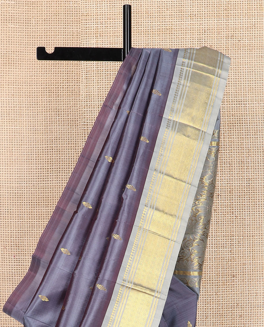 Grey zari buttas Kanchipuram silk saree, zari border of paneer sombu, banaras, and jaal designs, and floral design pallu