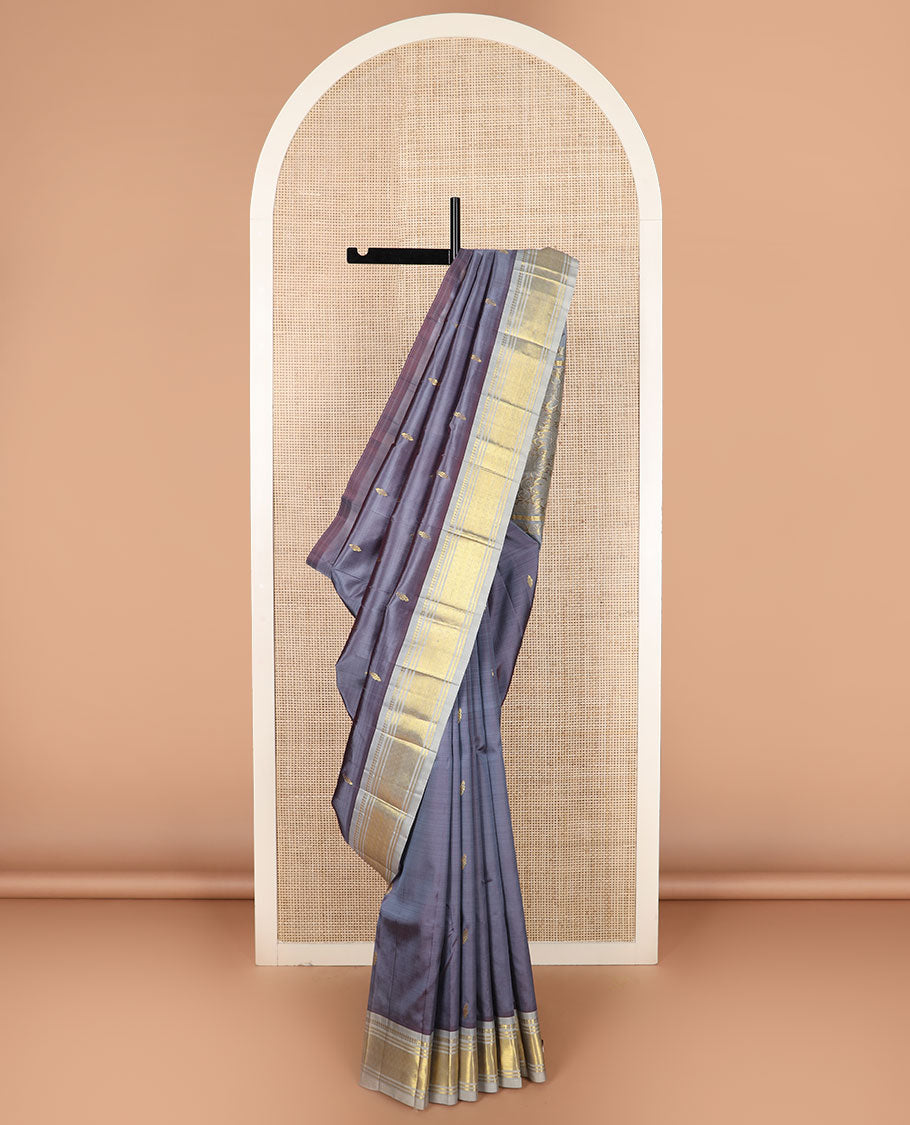 Grey zari buttas Kanchipuram silk saree, zari border of paneer sombu, banaras, and jaal designs, and floral design pallu