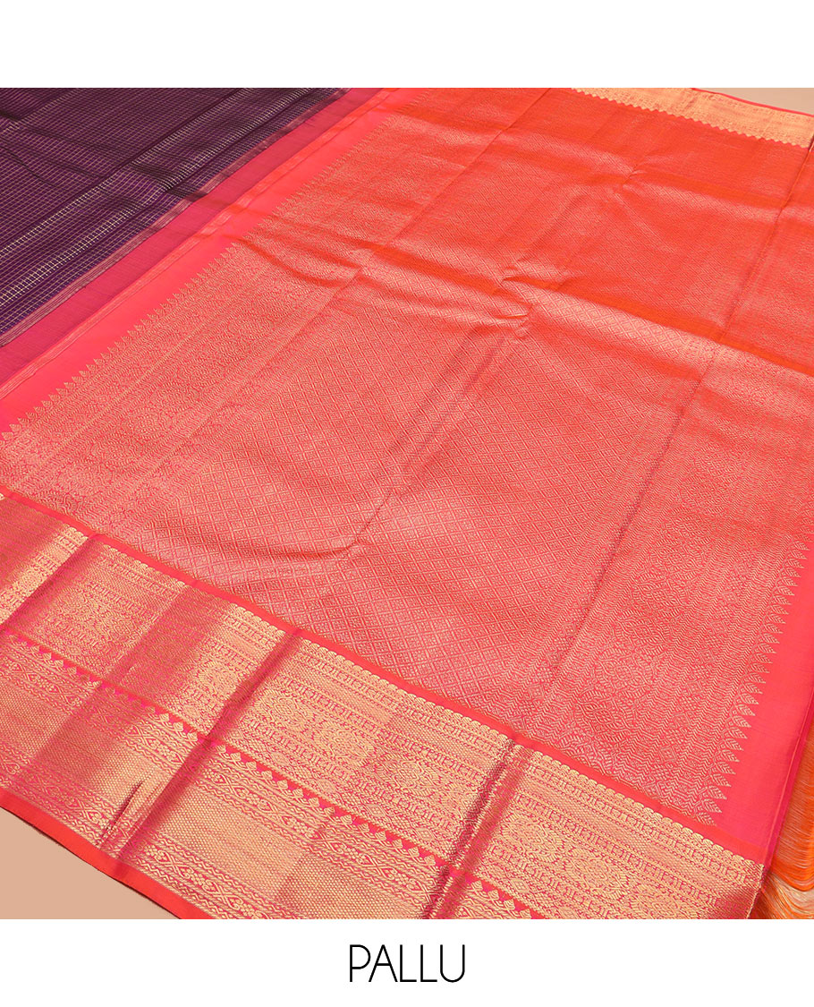 Purple muthu checked Kanchipuram silk saree, contrast korvai border of traditional designs, and jaal pallu
