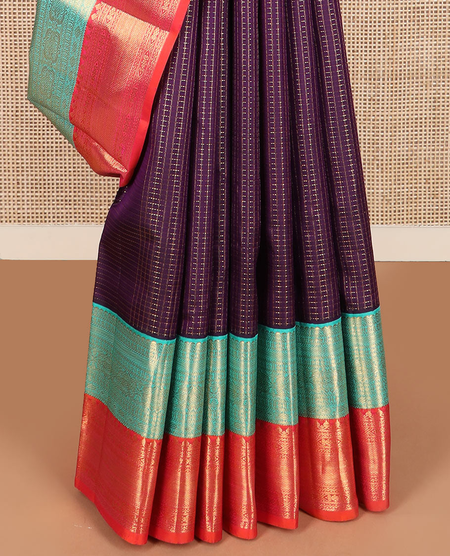 Purple muthu checked Kanchipuram silk saree, contrast korvai border of traditional designs, and jaal pallu