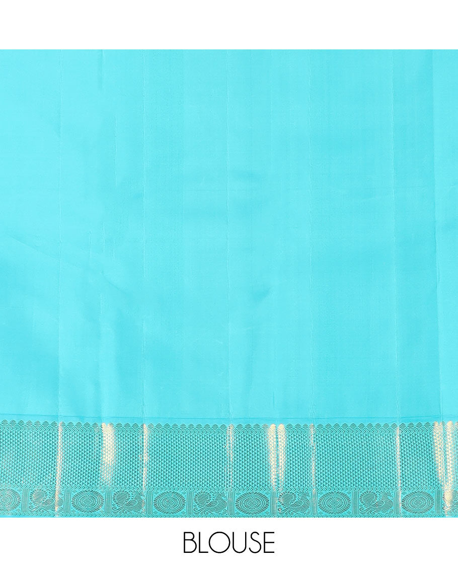 Blue vanki manga buttas Kanchipuram silk saree, contrast korvai border of salngai, banaras, ara maadam, and anna chakram designs, and jaal pallu