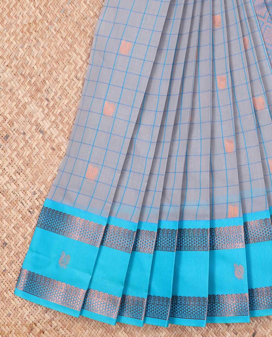 Grey checked, floral kora cotton saree with contrast zari design border & intricate zari design pallu