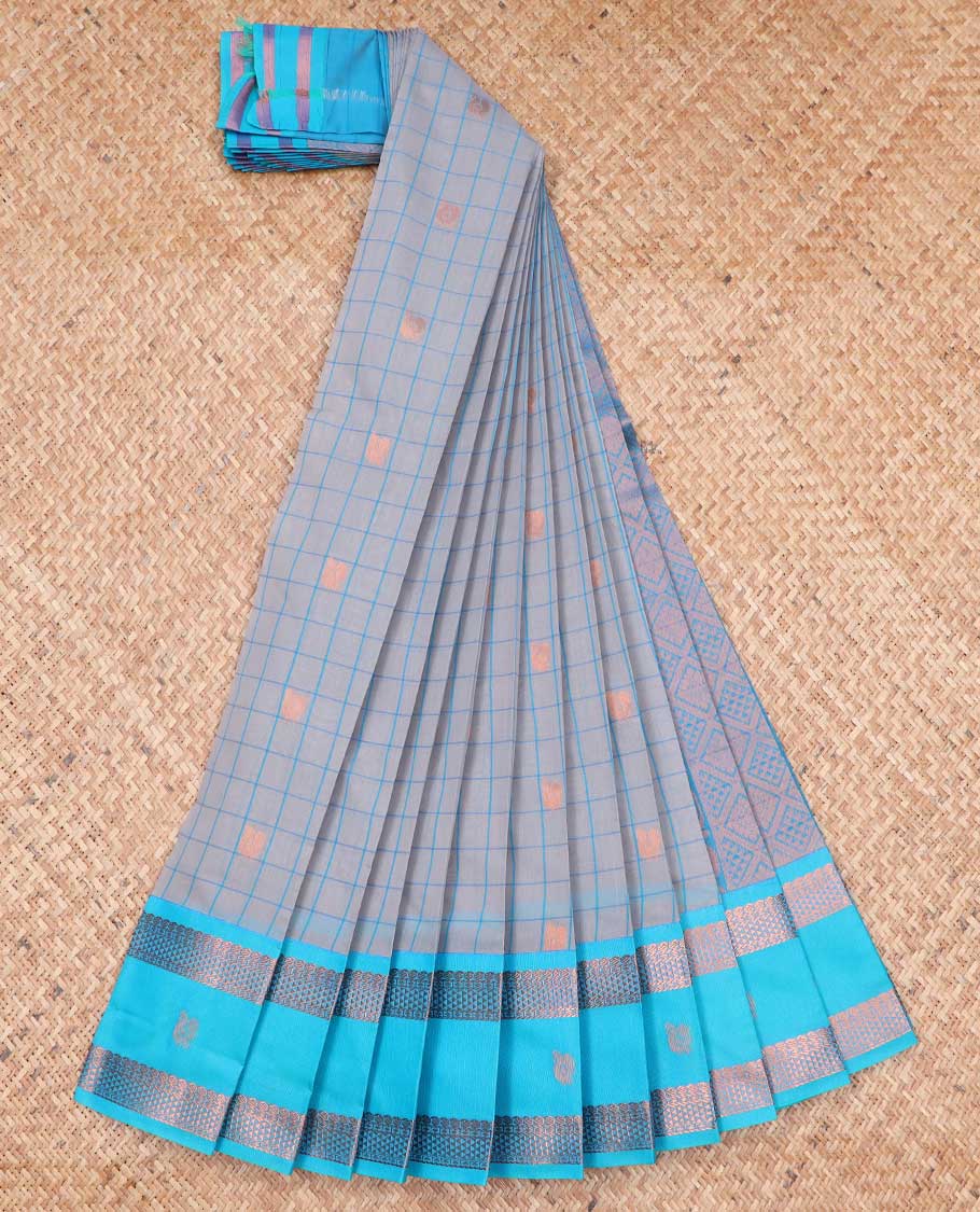 Grey checked, floral kora cotton saree with contrast zari design border & intricate zari design pallu
