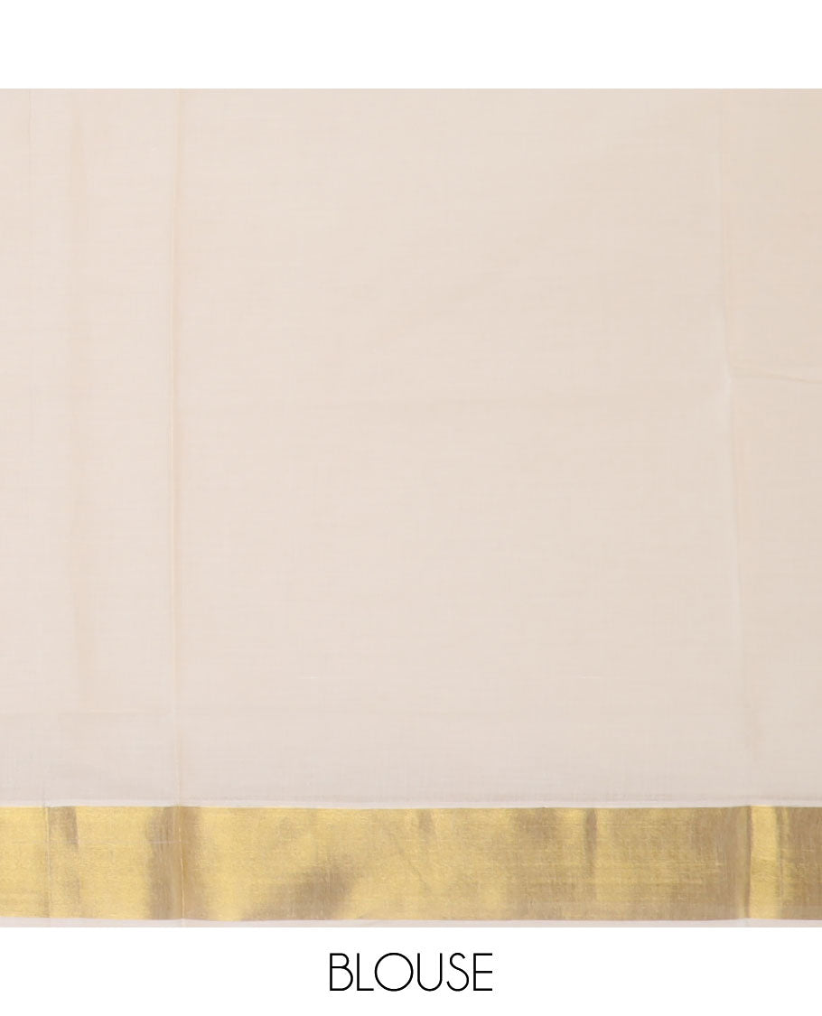 Cream Temple zari design Kerala saree, zari border, and temple design pallu