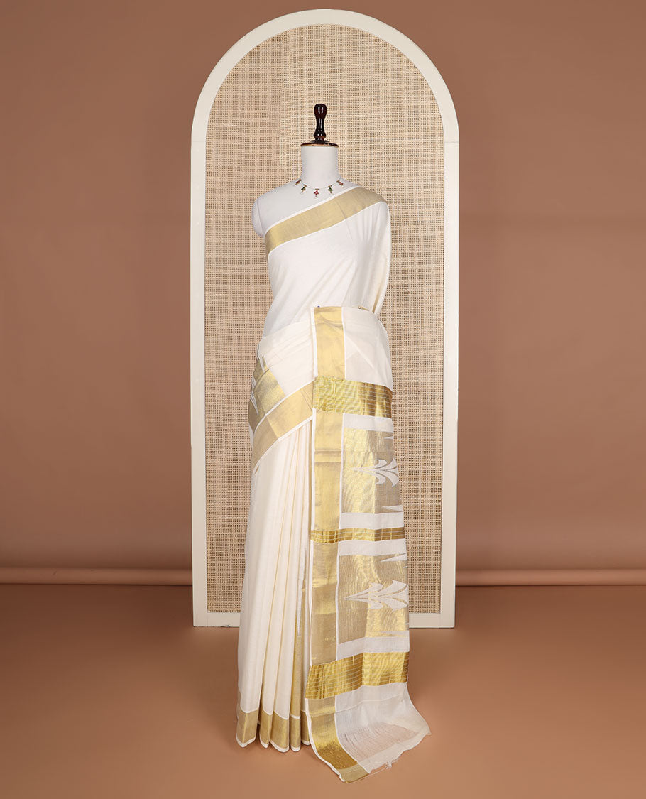 Cream Temple zari design Kerala saree, zari border, and temple design pallu