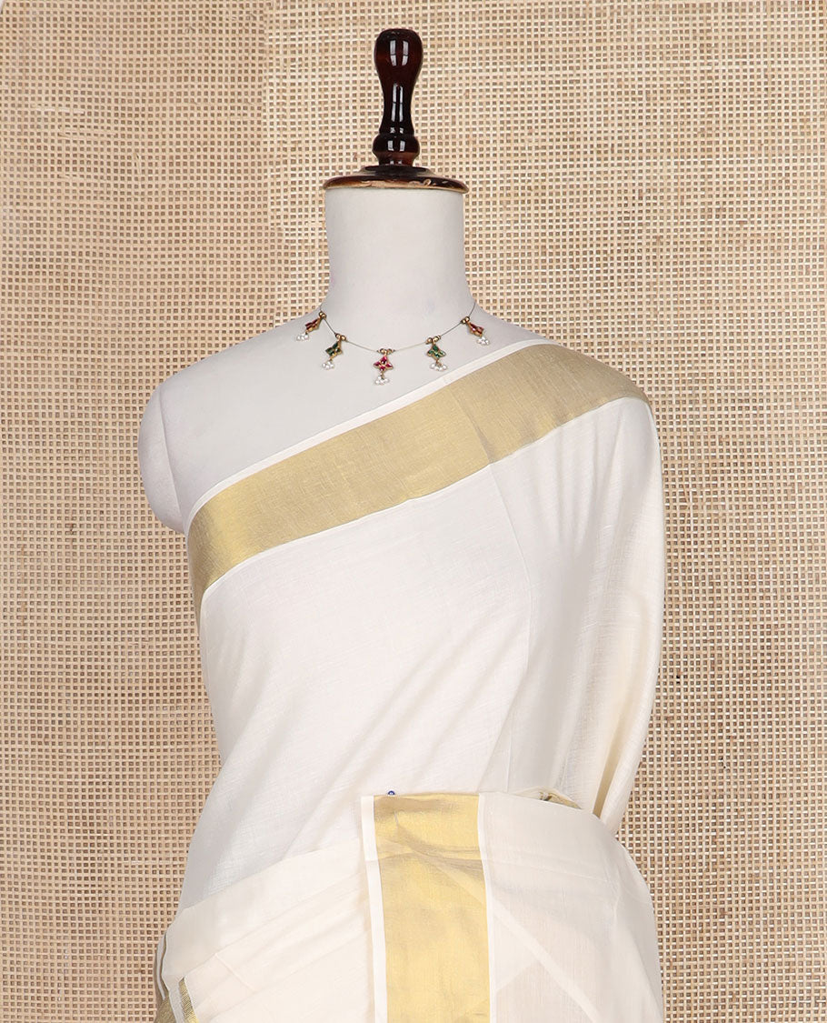 Cream Temple zari design Kerala saree, zari border, and temple design pallu