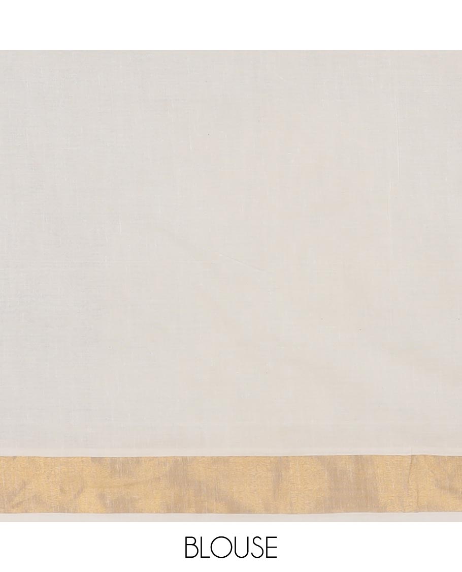 Cream hand brush painting Kerala cotton saree, zari and painting style border, and hand brush painting pallu