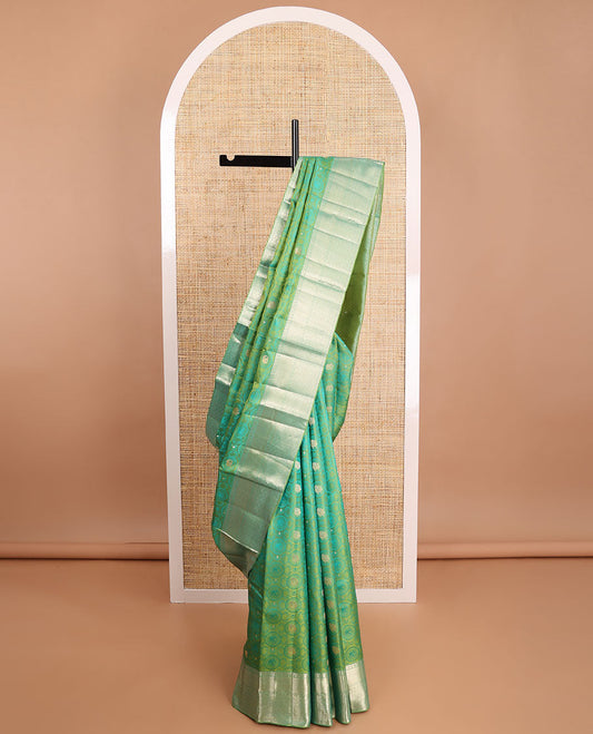 Green elephant, floral design kancheepuram silk saree with self intricate zari design border & geometric design pallu