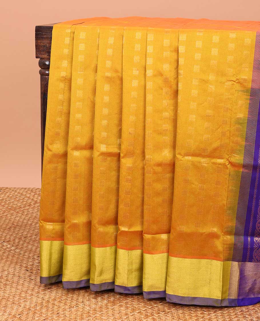 Mustard kupadam cotton saree with buttas, contrast plain border & pallu of ogee patterns