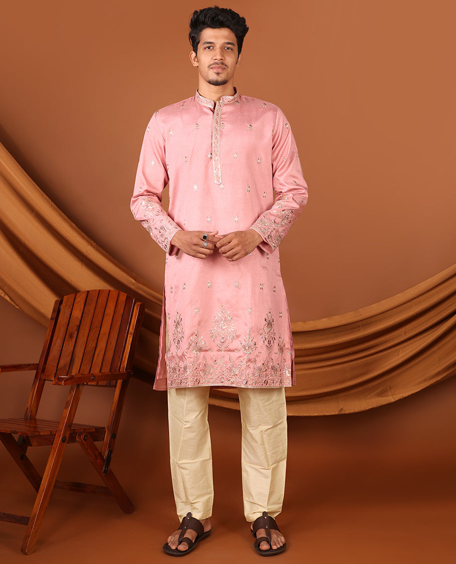 Pink Floral-Themed Mixed Embroidered Full-Sleeved Men's Kurta Set
