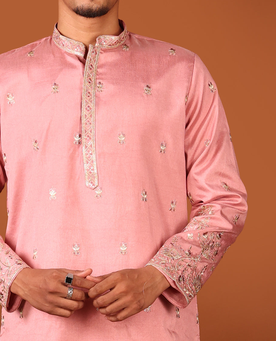 Pink Floral-Themed Mixed Embroidered Full-Sleeved Men's Kurta Set