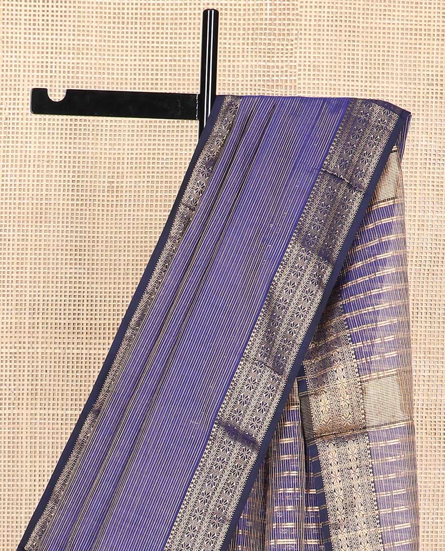 Blue striped maheswari cotton saree with self zari design border & striped pallu
