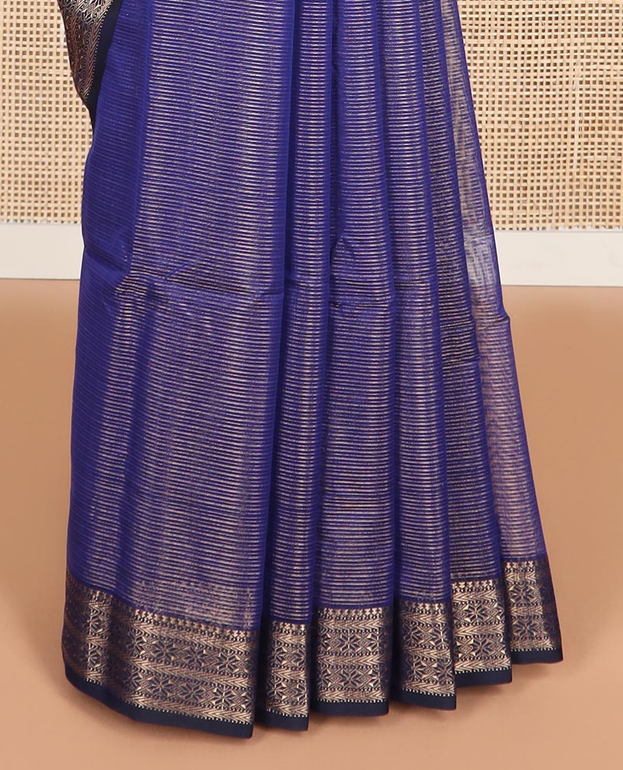 Blue striped maheswari cotton saree with self zari design border & striped pallu