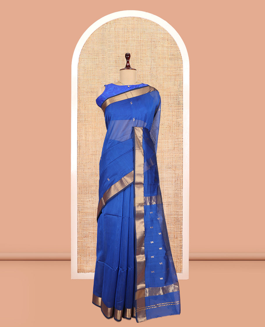 M.s Blue Maheshwari Cotton Saree, Embellished with Zari Buttas, a Contrast Zari Border, Zari Buttas Woven Pallu, and a Matching Blouse