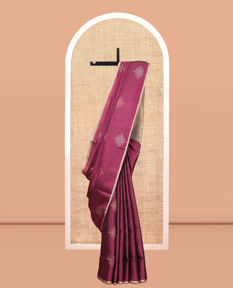Borderless Magenta Mayuri Lite Silk Mix Saree, Embellished with Kolam Zari Buttas, a Contrast Kolam Pallu, and a Contrast Blouse