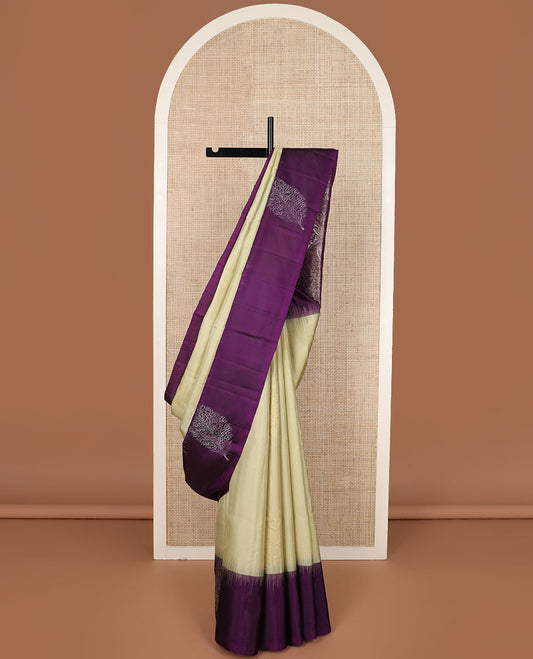 Sandal zari buttas soft silk saree, contrast leaf motif border & pallu of leaf designs